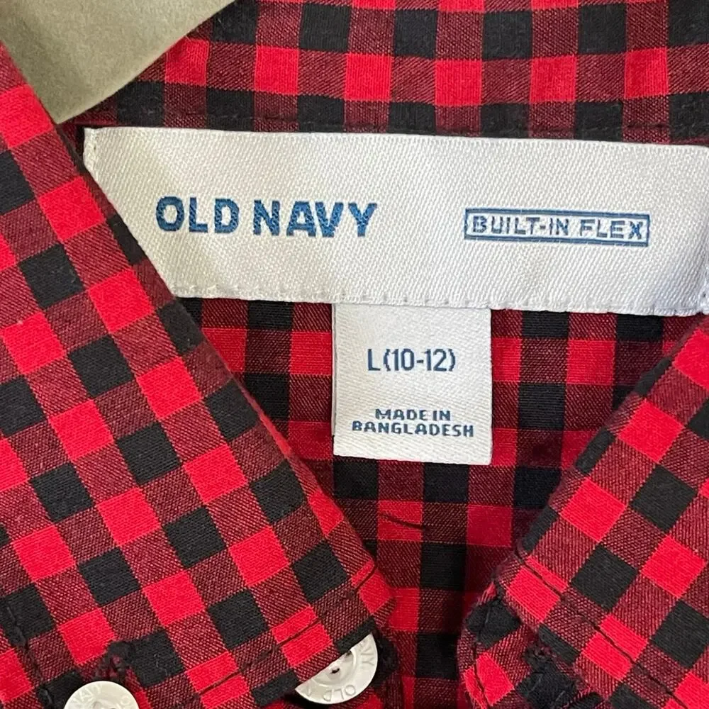 Holiday Old Navy Button Down Shirt Boys Large 10/12 Red Black Buffalo Plaid